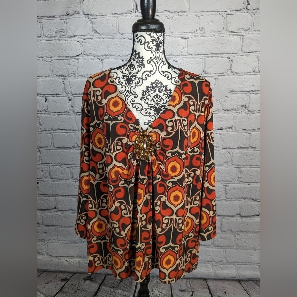 Apt 9 women's long sleeve stretch knit geo print top beaded medallion sz 2x BBIN